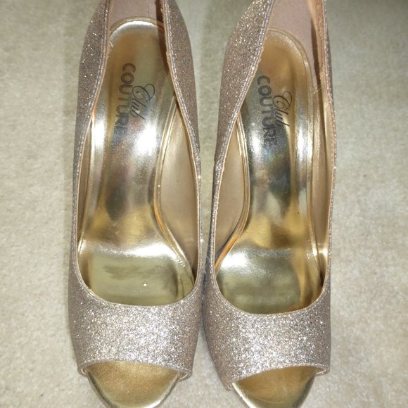 CLUB COUTURE Super sparkly gold open toe stiletto high heel party pumps - Picture 2 of 8